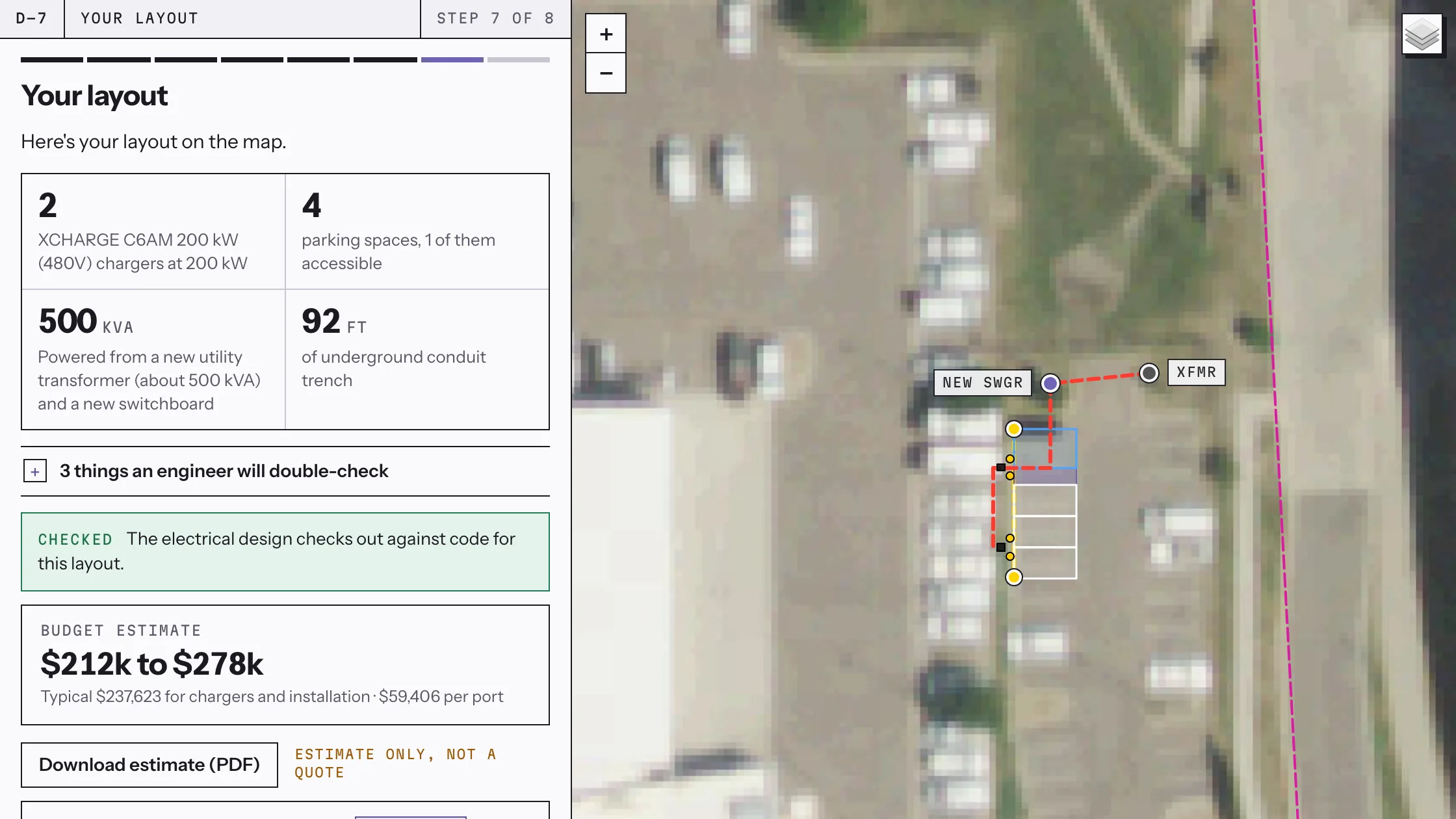 The guided design screen: a summary of two chargers, four parking spaces, the new electrical equipment and the trench length beside the layout drawn on the aerial photo.
